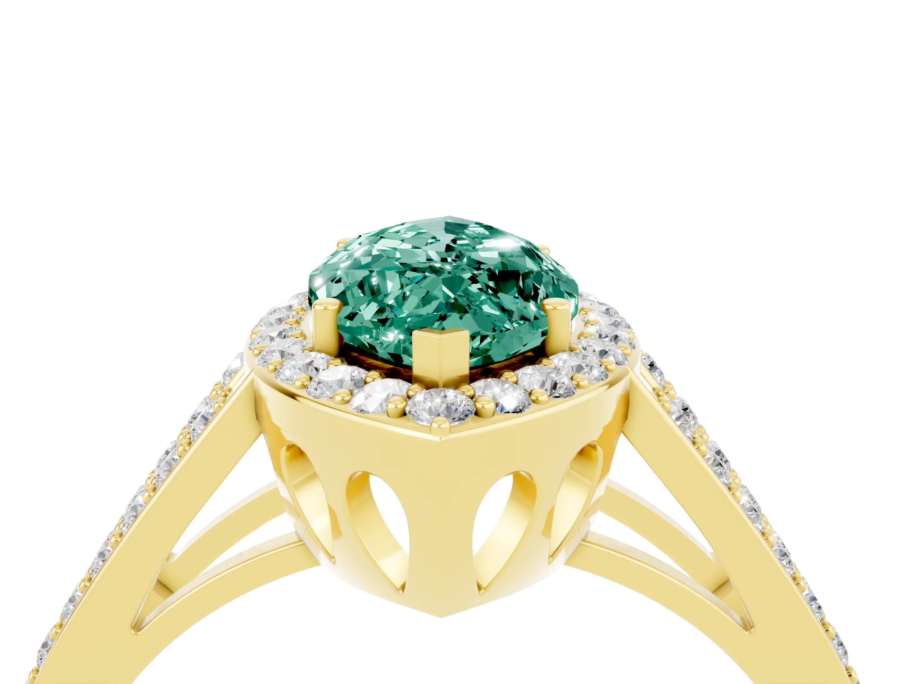 Yellow gold Marquise Cut Green Sapphire Halo Ring with Split Shank U-Prong Band and Four-Prong Setting_4