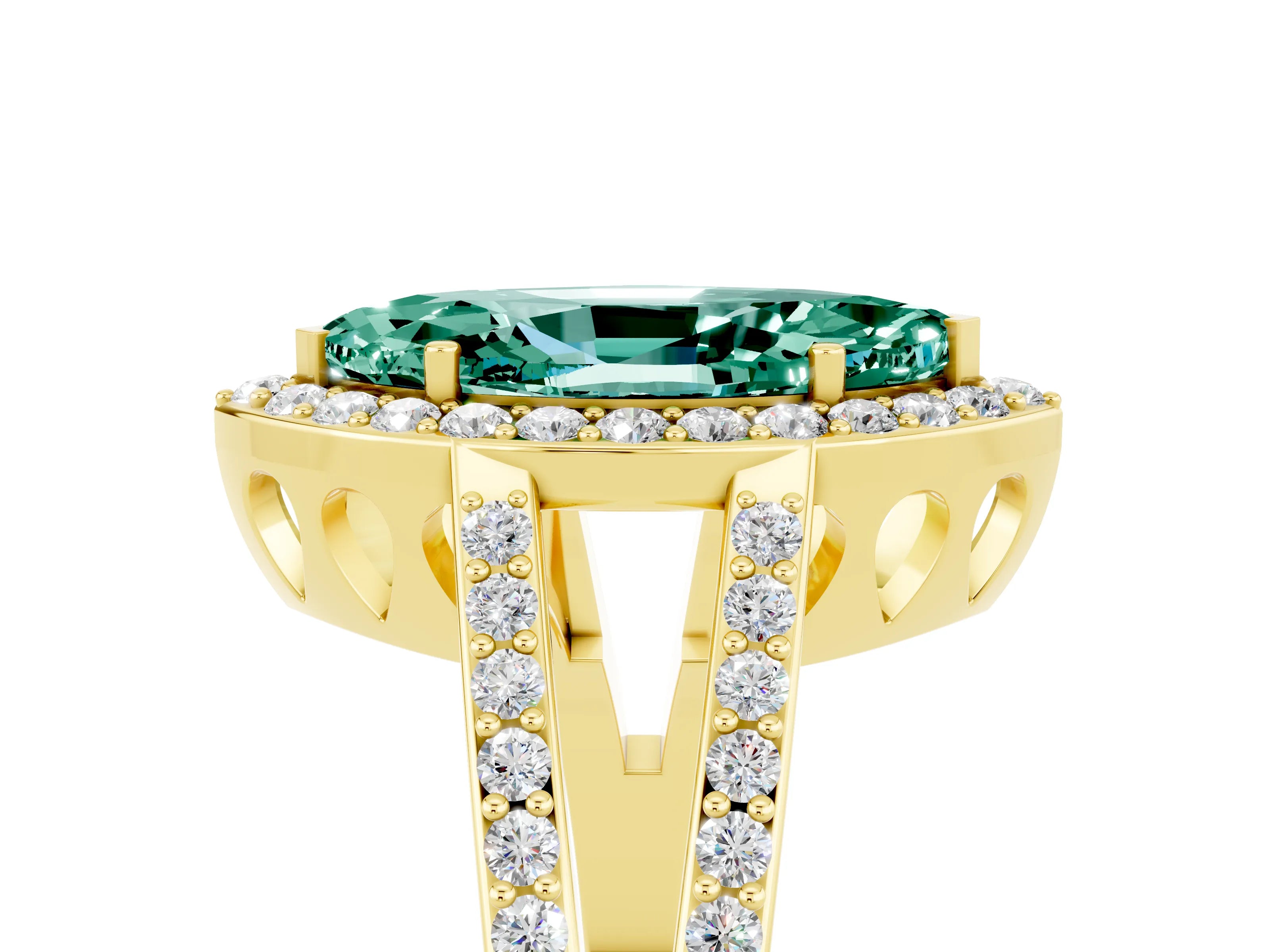 Yellow gold Marquise Cut Green Sapphire Halo Ring with Split Shank U-Prong Band and Four-Prong Setting_5