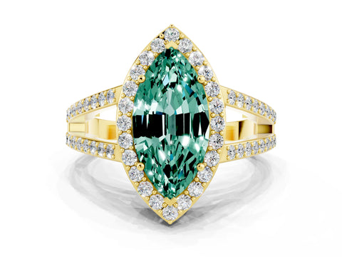 Yellow gold Marquise Cut Green Sapphire Halo Ring with Split Shank U-Prong Band and Four-Prong Setting