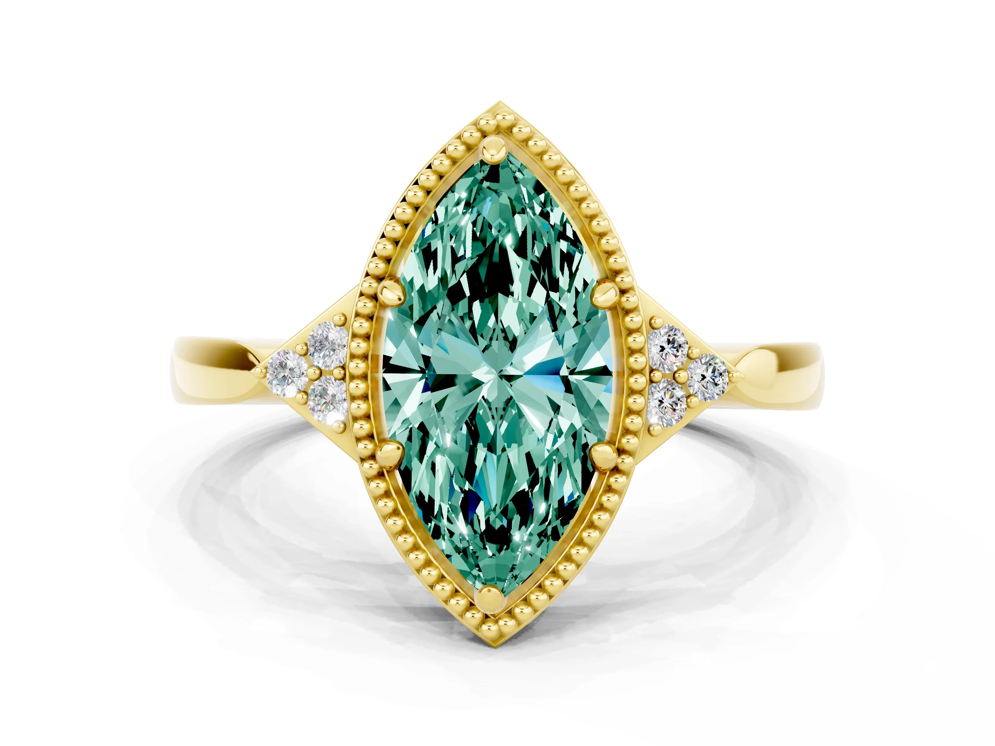 Yellow gold Marquise Cut Green Sapphire Halo Ring with Tapered Band and Four-Prong Setting