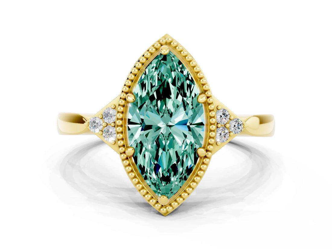 Yellow gold Marquise Cut Green Sapphire Halo Ring with Tapered Band and Four-Prong Setting