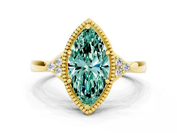 Yellow gold Marquise Cut Green Sapphire Halo Ring with Tapered Band and Four-Prong Setting