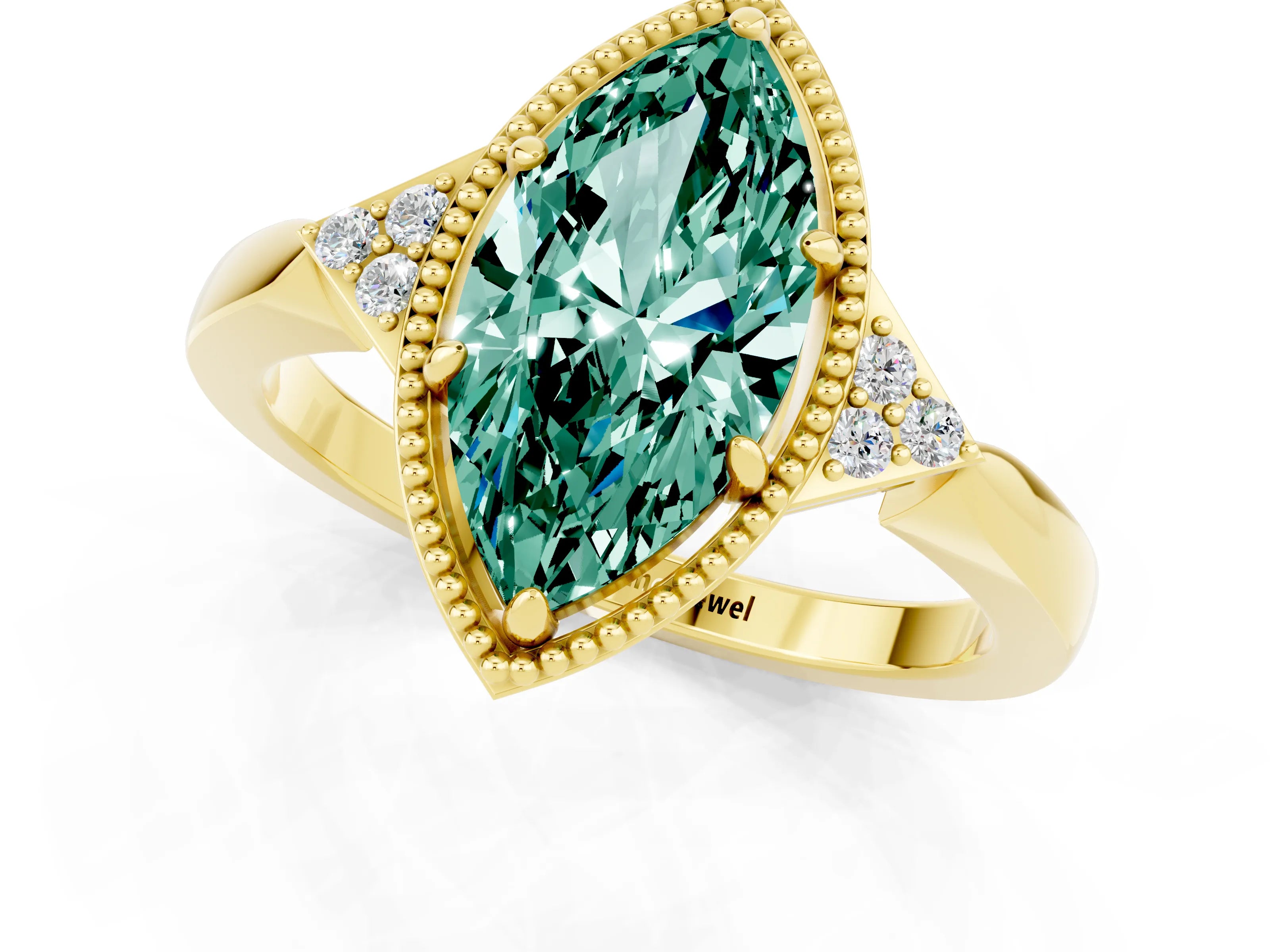 Yellow gold Marquise Cut Green Sapphire Halo Ring with Tapered Band and Four-Prong Setting_1