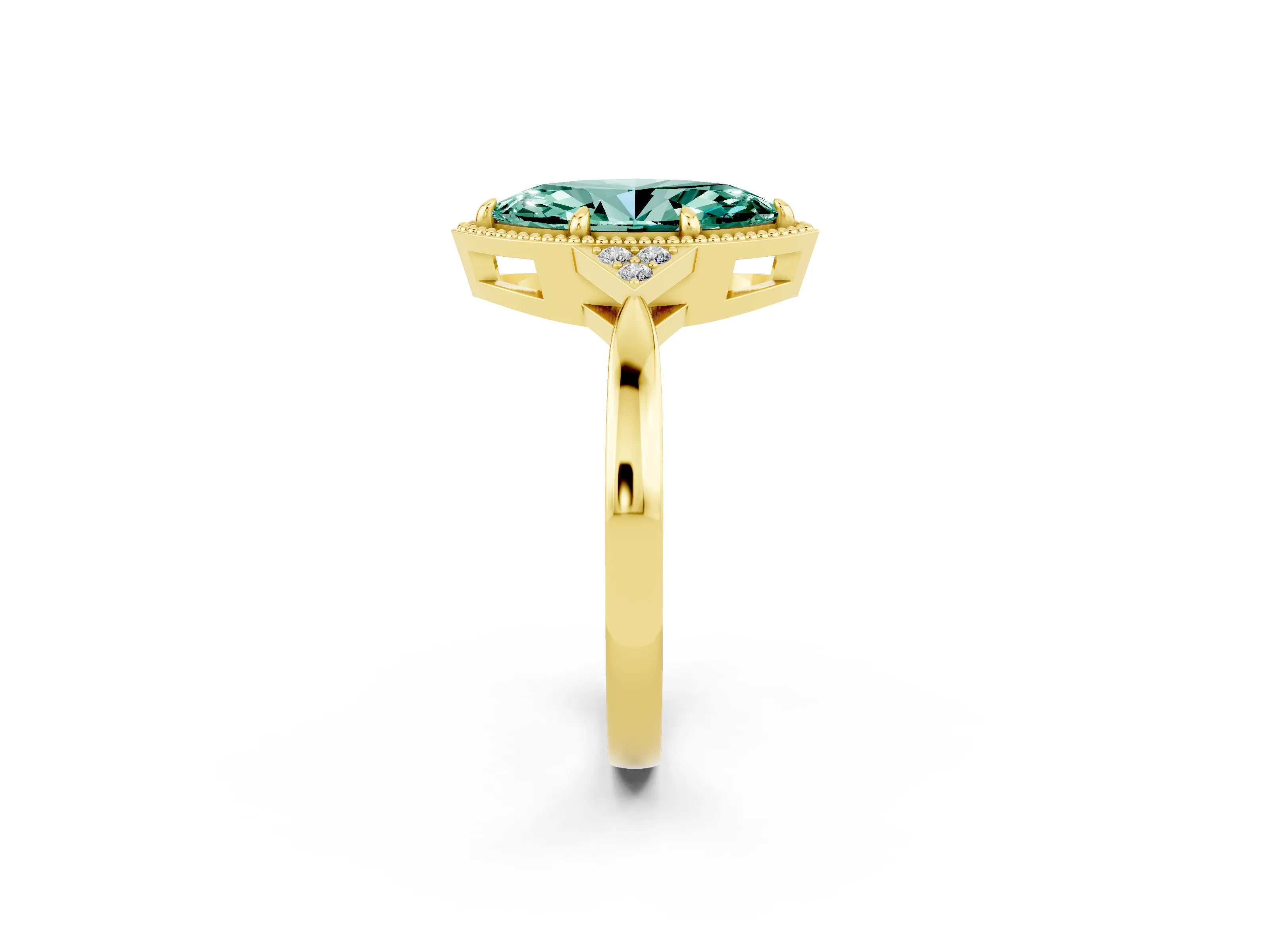 Yellow gold Marquise Cut Green Sapphire Halo Ring with Tapered Band and Four-Prong Setting_2