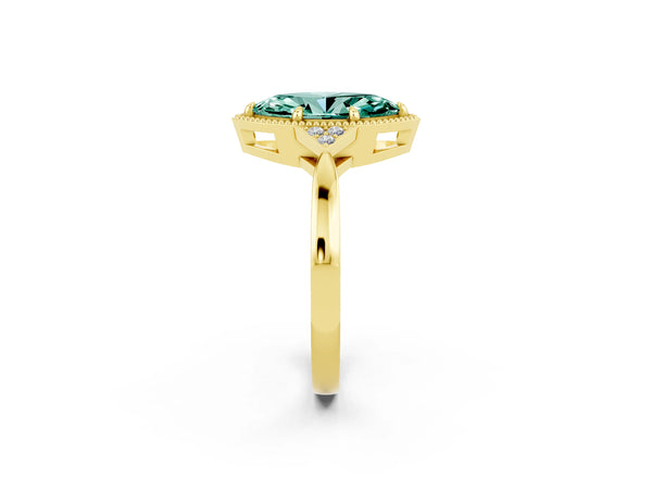 Yellow gold Marquise Cut Green Sapphire Halo Ring with Tapered Band and Four-Prong Setting