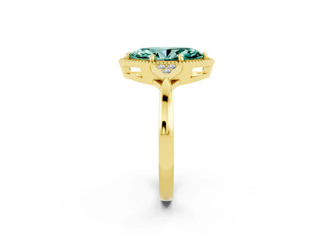 Yellow gold Marquise Cut Green Sapphire Halo Ring with Tapered Band and Four-Prong Setting_2