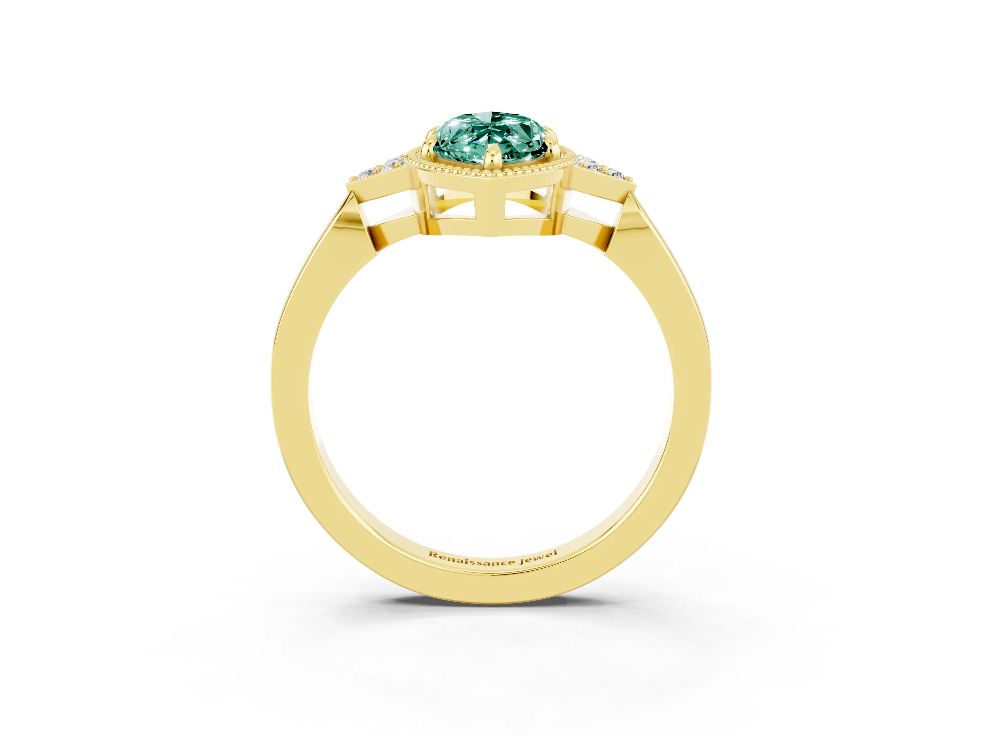 Yellow gold Marquise Cut Green Sapphire Halo Ring with Tapered Band and Four-Prong Setting_3