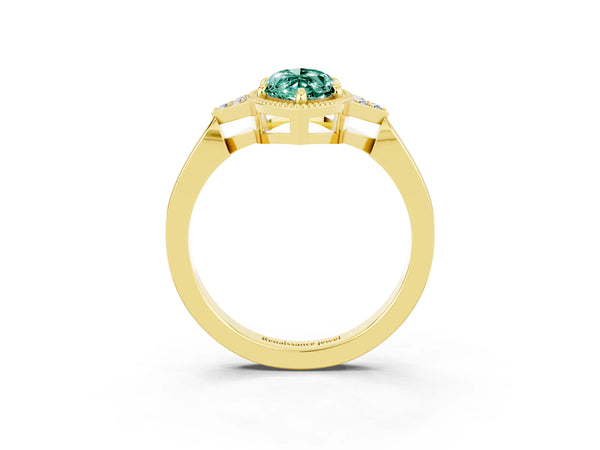 Yellow gold Marquise Cut Green Sapphire Halo Ring with Tapered Band and Four-Prong Setting
