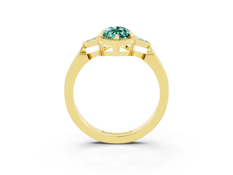 Yellow gold Marquise Cut Green Sapphire Halo Ring with Tapered Band and Four-Prong Setting_3