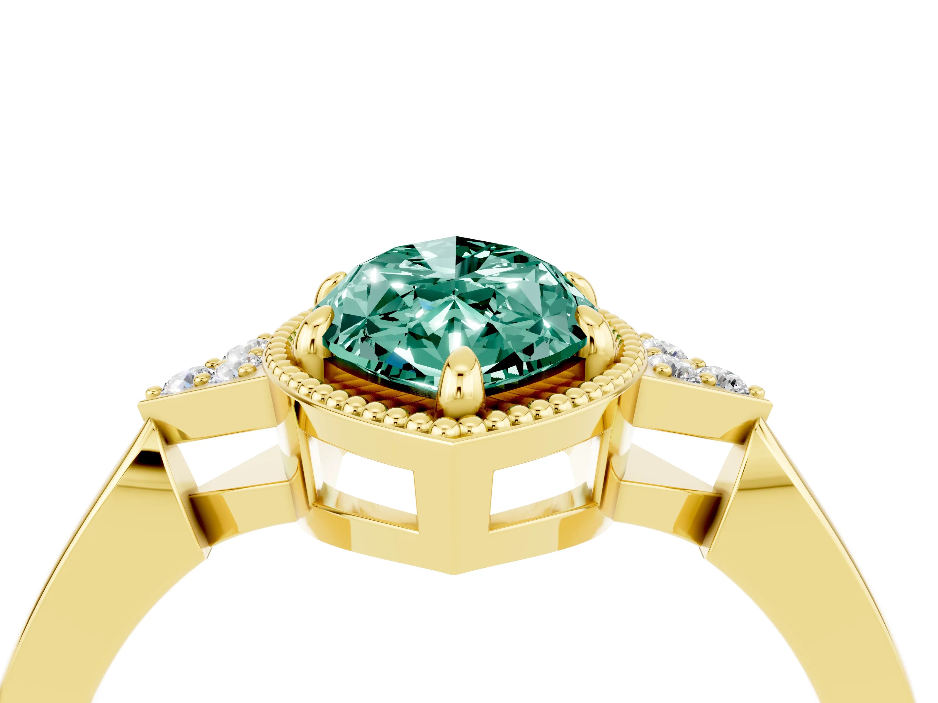 Yellow gold Marquise Cut Green Sapphire Halo Ring with Tapered Band and Four-Prong Setting_4
