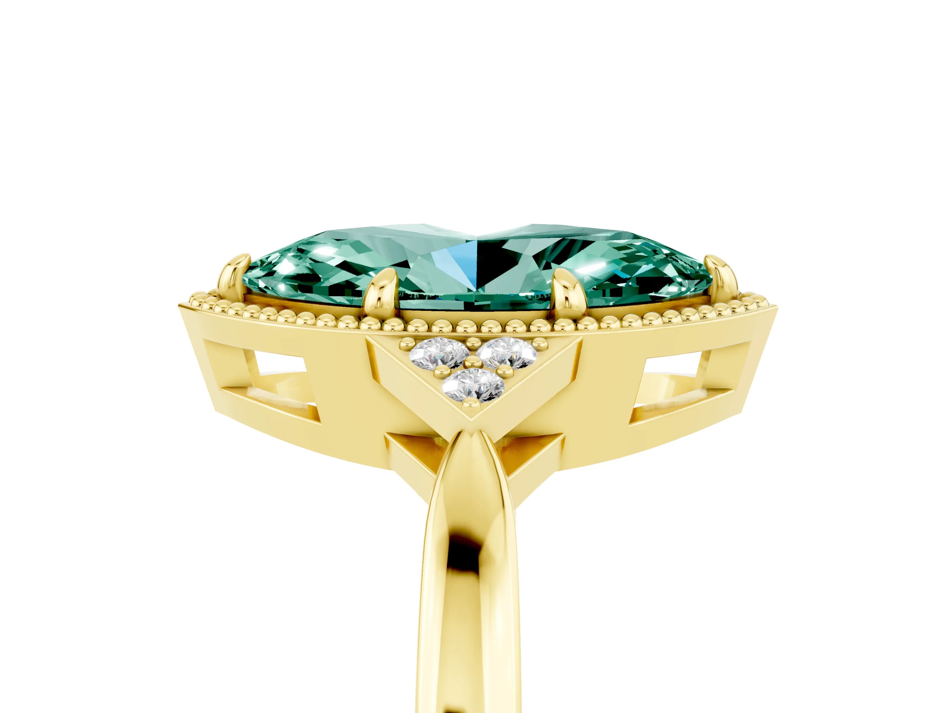 Yellow gold Marquise Cut Green Sapphire Halo Ring with Tapered Band and Four-Prong Setting_5