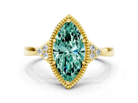 Yellow gold Marquise Cut Green Sapphire Halo Ring with Tapered Band and Four-Prong Setting