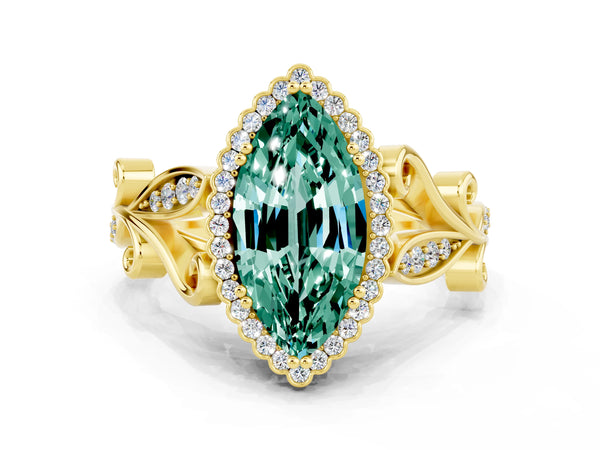 Yellow gold Marquise Cut Green Sapphire Halo Ring with Vintage Split Shank and Four-Prong Setting