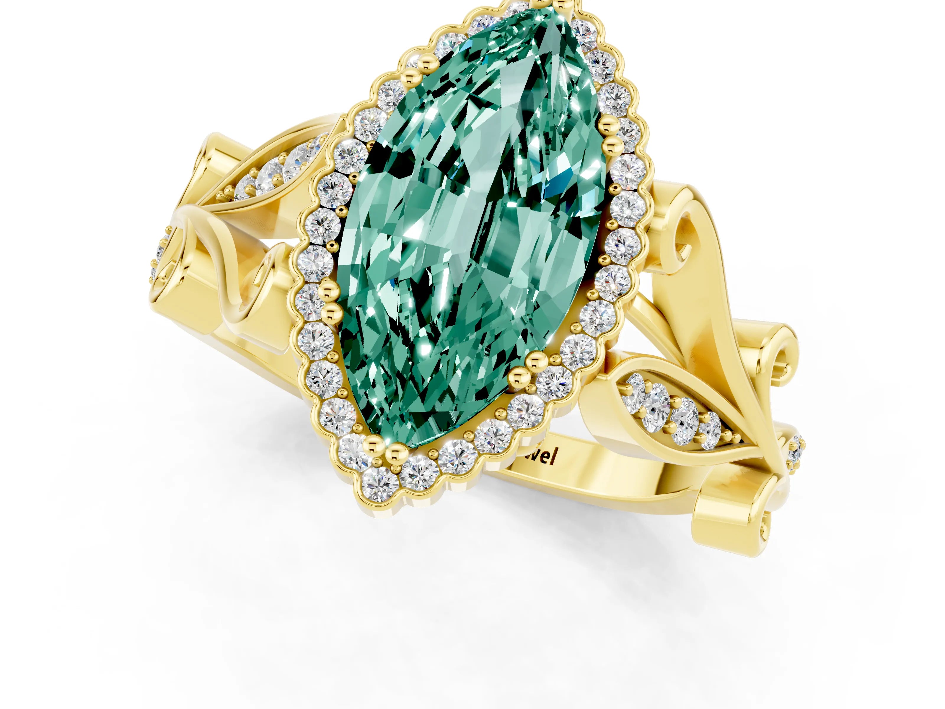 Yellow gold Marquise Cut Green Sapphire Halo Ring with Vintage Split Shank and Four-Prong Setting_1