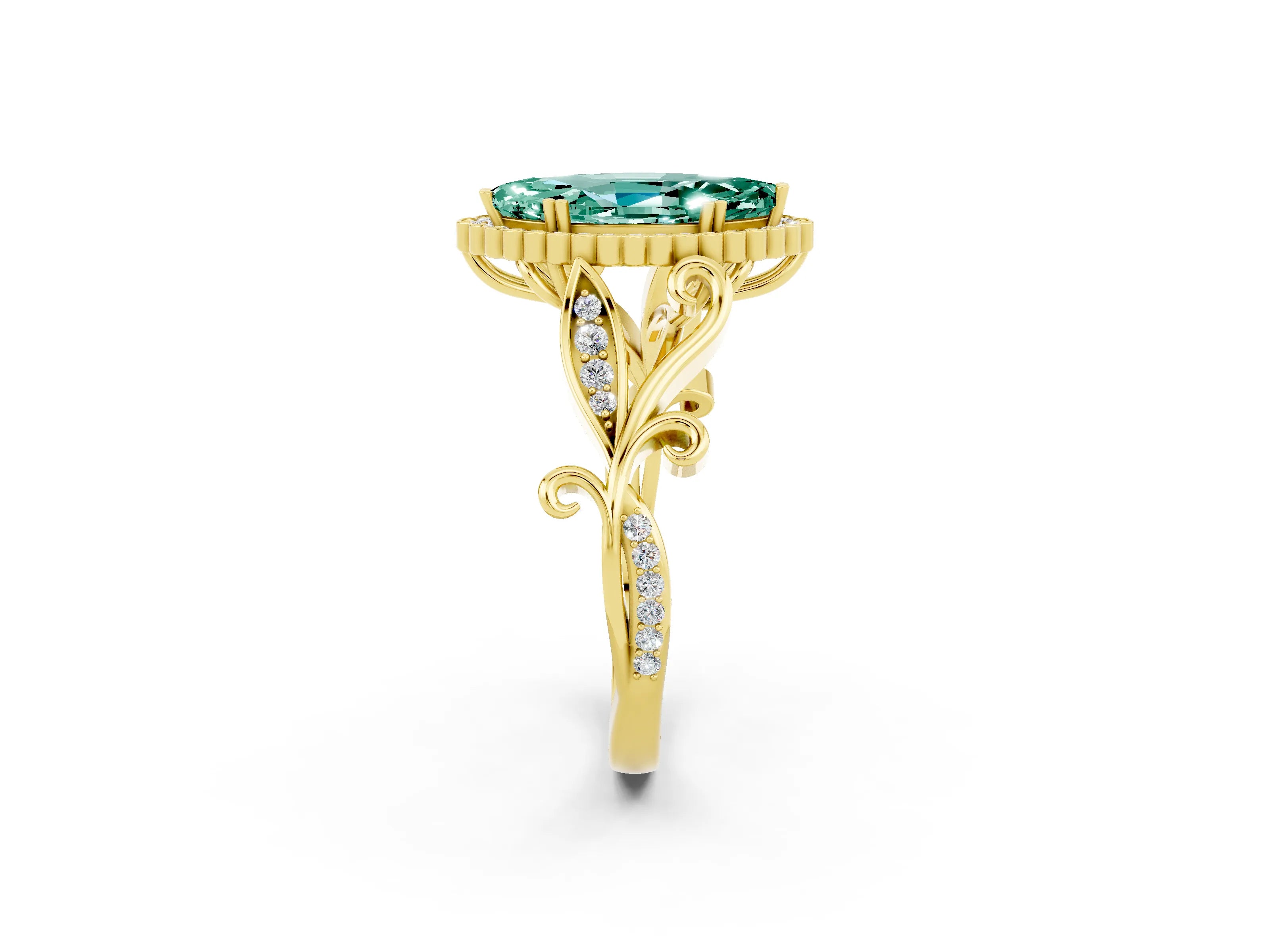 Yellow gold Marquise Cut Green Sapphire Halo Ring with Vintage Split Shank and Four-Prong Setting_2