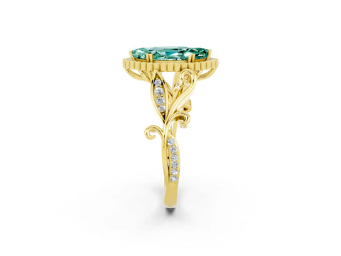 Yellow gold Marquise Cut Green Sapphire Halo Ring with Vintage Split Shank and Four-Prong Setting_2