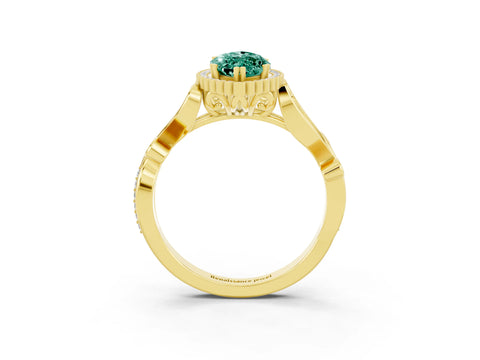 Yellow gold Marquise Cut Green Sapphire Halo Ring with Vintage Split Shank and Four-Prong Setting_3