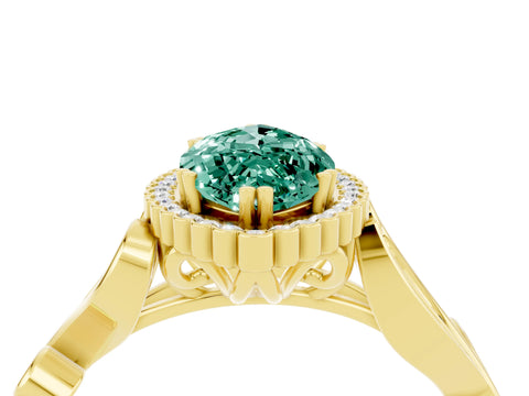 Yellow gold Marquise Cut Green Sapphire Halo Ring with Vintage Split Shank and Four-Prong Setting_4