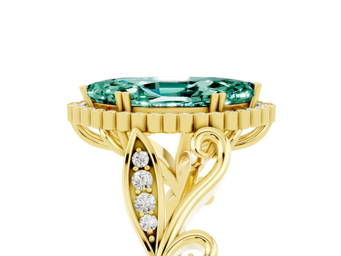 Yellow gold Marquise Cut Green Sapphire Halo Ring with Vintage Split Shank and Four-Prong Setting_5