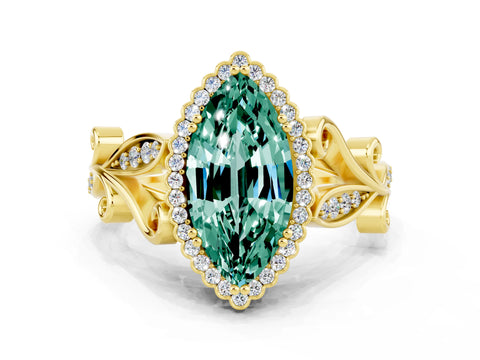 Yellow gold Marquise Cut Green Sapphire Halo Ring with Vintage Split Shank and Four-Prong Setting