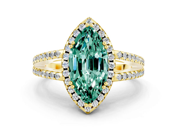 Yellow gold Marquise Cut Green Sapphire Halo Split Shank Engagement Ring