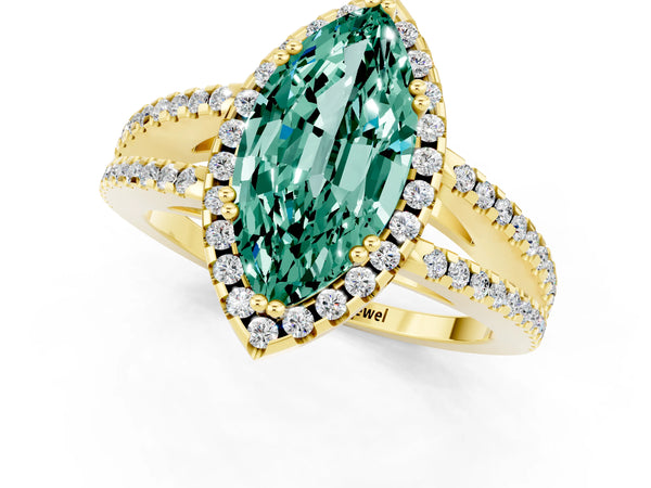 Yellow gold Marquise Cut Green Sapphire Halo Split Shank Engagement Ring