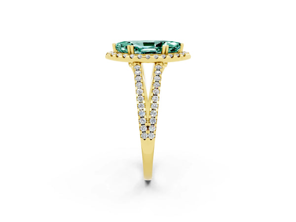 Yellow gold Marquise Cut Green Sapphire Halo Split Shank Engagement Ring