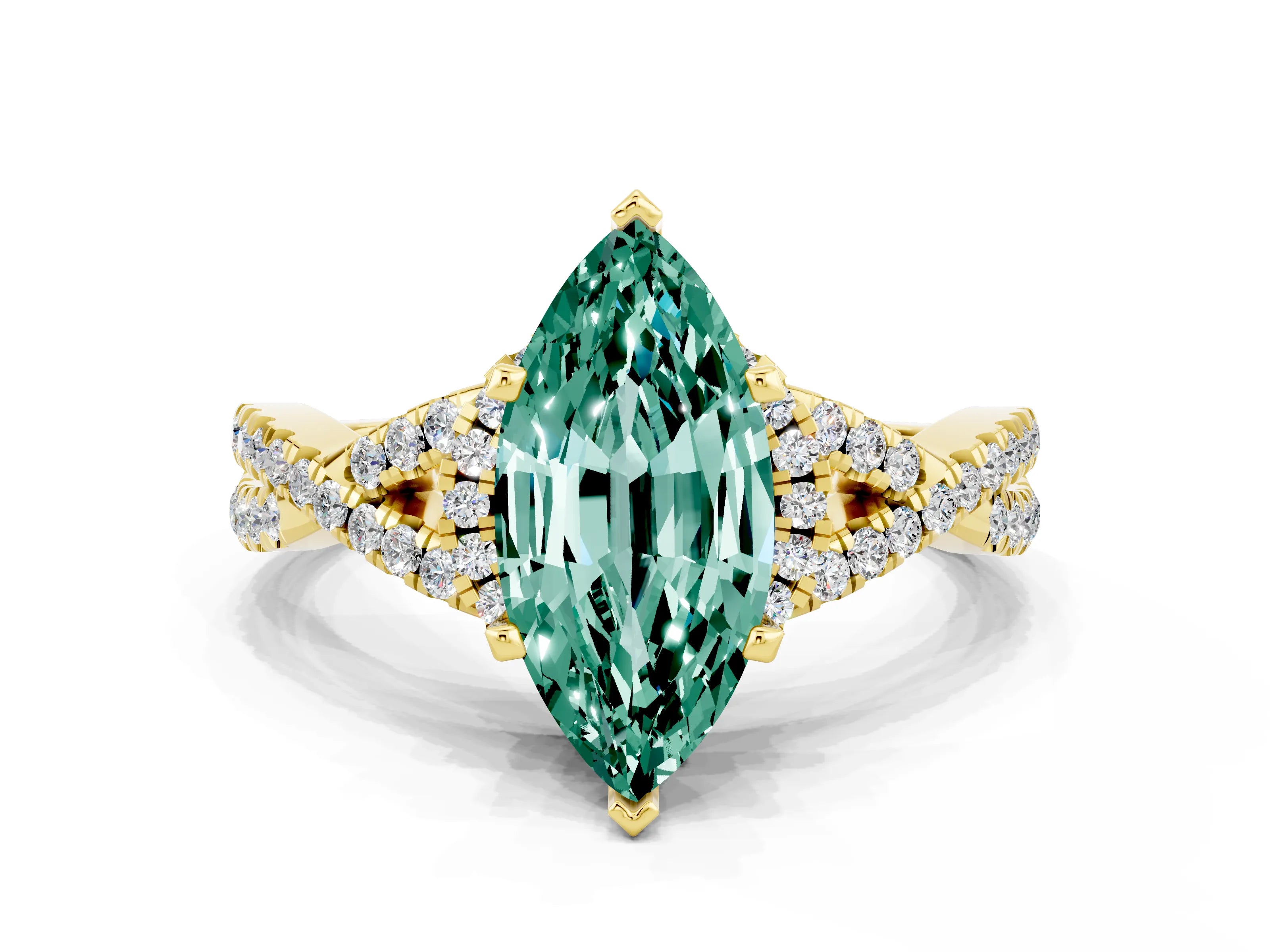 Yellow gold Marquise Cut Green Sapphire Halo Twist Band Solitaire Prong Setting Ring