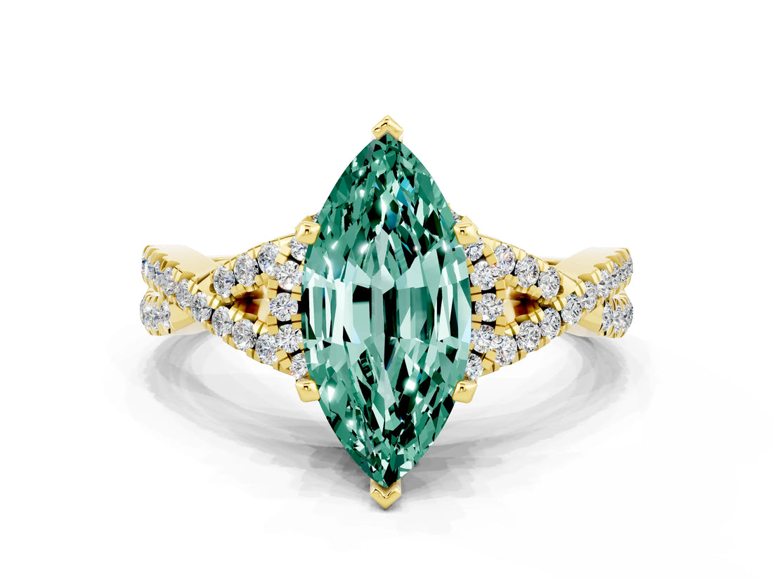 Yellow gold Marquise Cut Green Sapphire Halo Twist Band Solitaire Prong Setting Ring