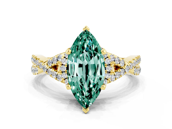 Yellow gold Marquise Cut Green Sapphire  Halo Twist Band Solitaire Prong Setting Ring