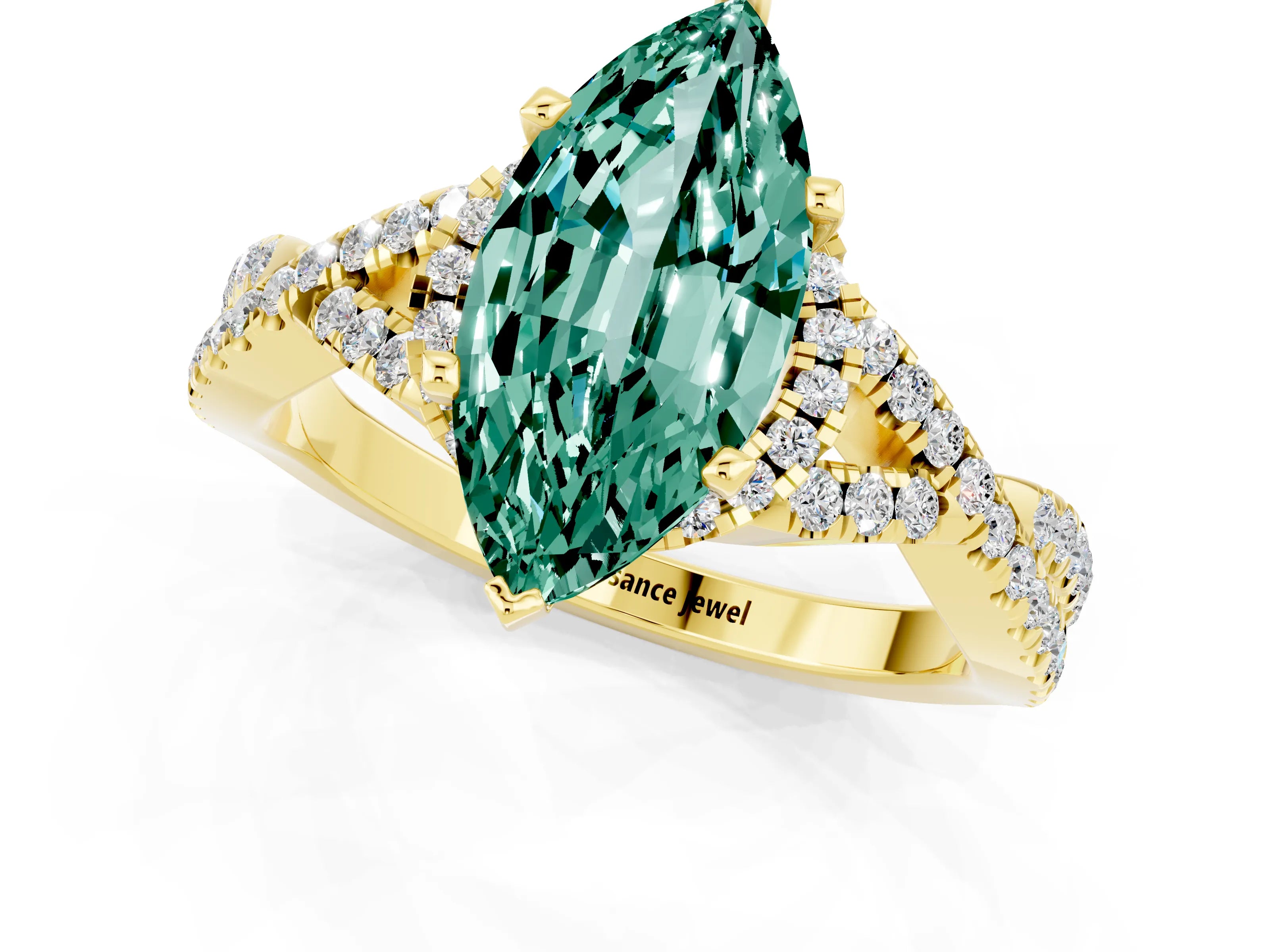 Yellow gold Marquise Cut Green Sapphire Halo Twist Band Solitaire Prong Setting Ring_1