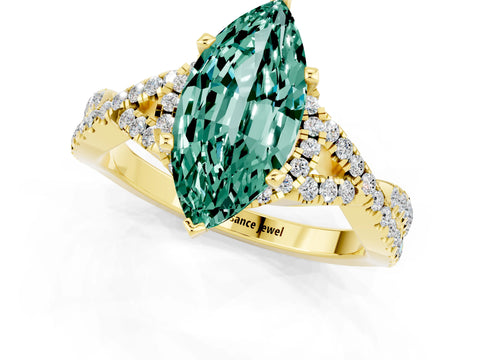 Yellow gold Marquise Cut Green Sapphire Halo Twist Band Solitaire Prong Setting Ring_1