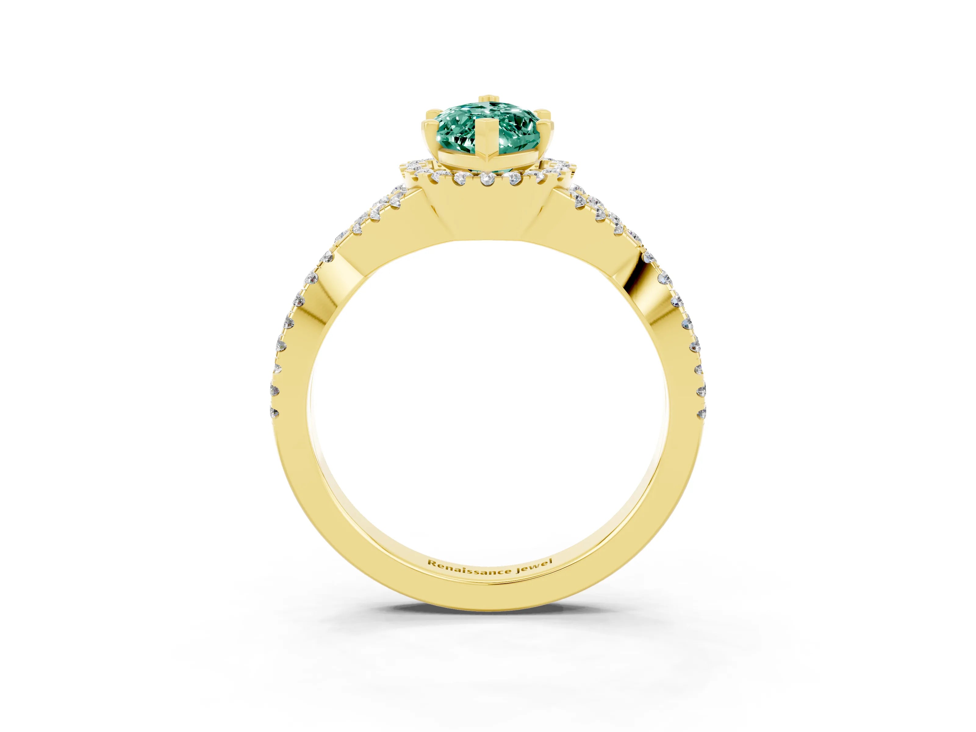 Yellow gold Marquise Cut Green Sapphire Halo Twist Band Solitaire Prong Setting Ring_3
