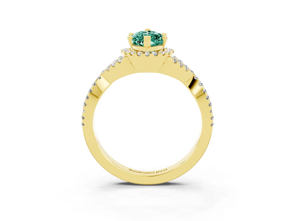 Yellow gold Marquise Cut Green Sapphire  Halo Twist Band Solitaire Prong Setting Ring