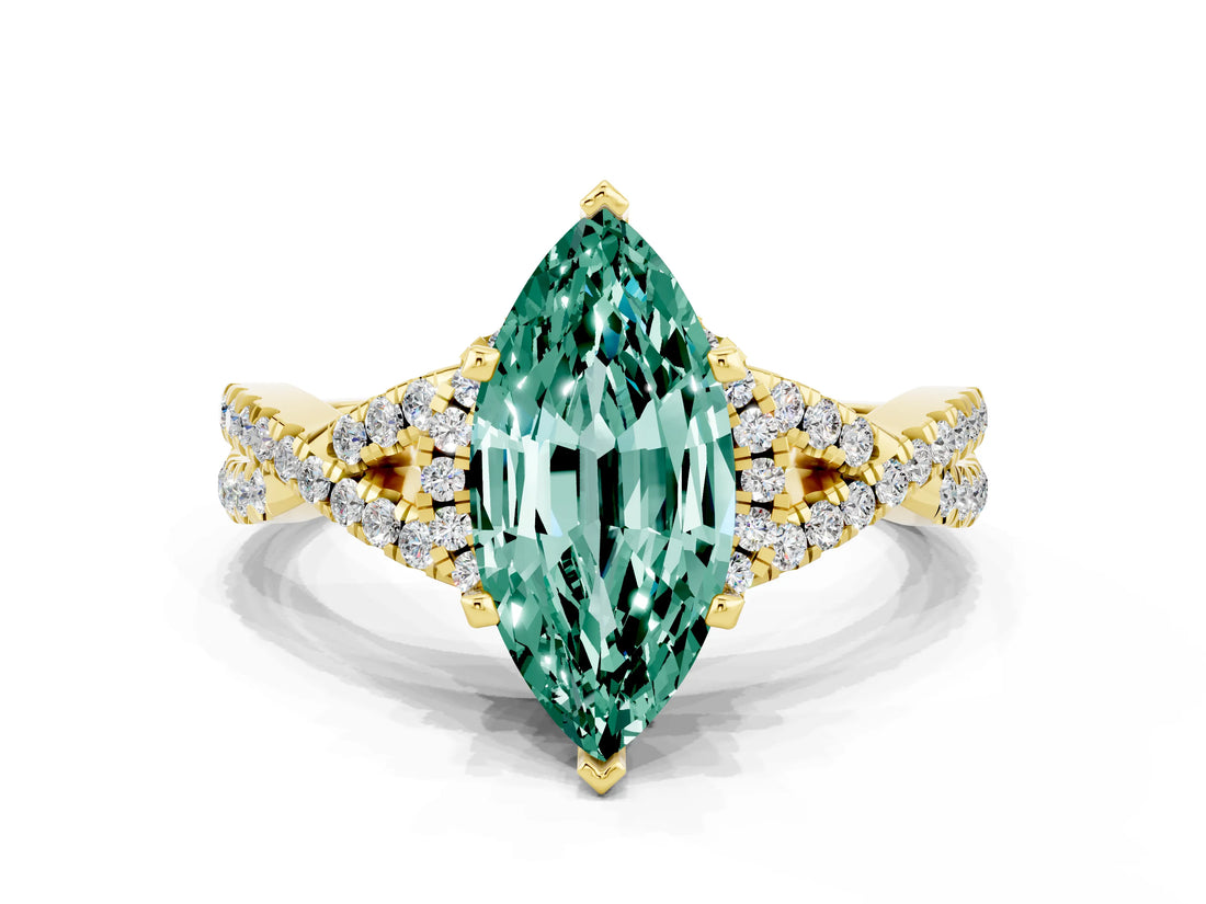 Yellow gold Marquise Cut Green Sapphire  Halo Twist Band Solitaire Prong Setting Ring_42