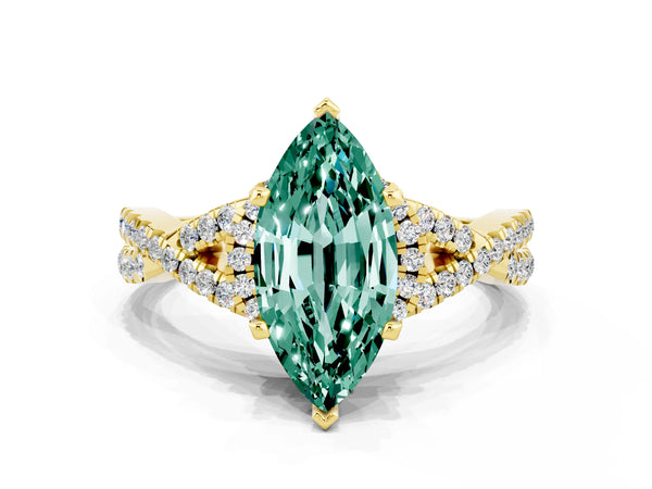 Yellow gold Marquise Cut Green Sapphire  Halo Twist Band Solitaire Prong Setting Ring
