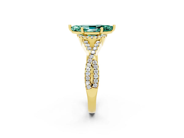 Yellow gold Marquise Cut Green Sapphire  Halo Twist Band Solitaire Prong Setting Ring
