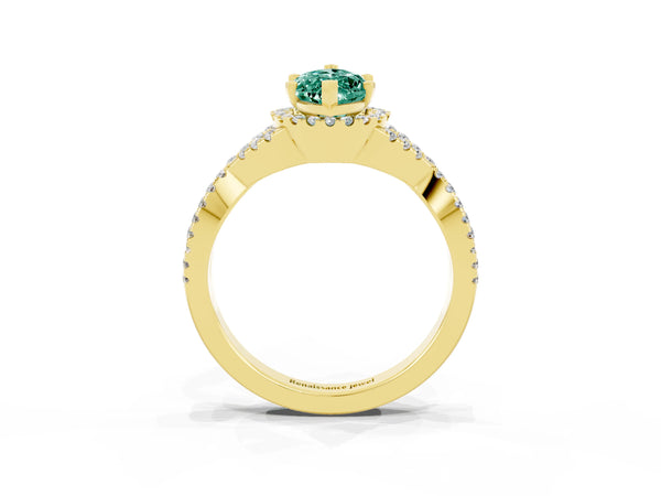 Yellow gold Marquise Cut Green Sapphire  Halo Twist Band Solitaire Prong Setting Ring