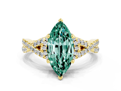 Yellow gold Marquise Cut Green Sapphire Halo Twist Band Solitaire Prong Setting Ring