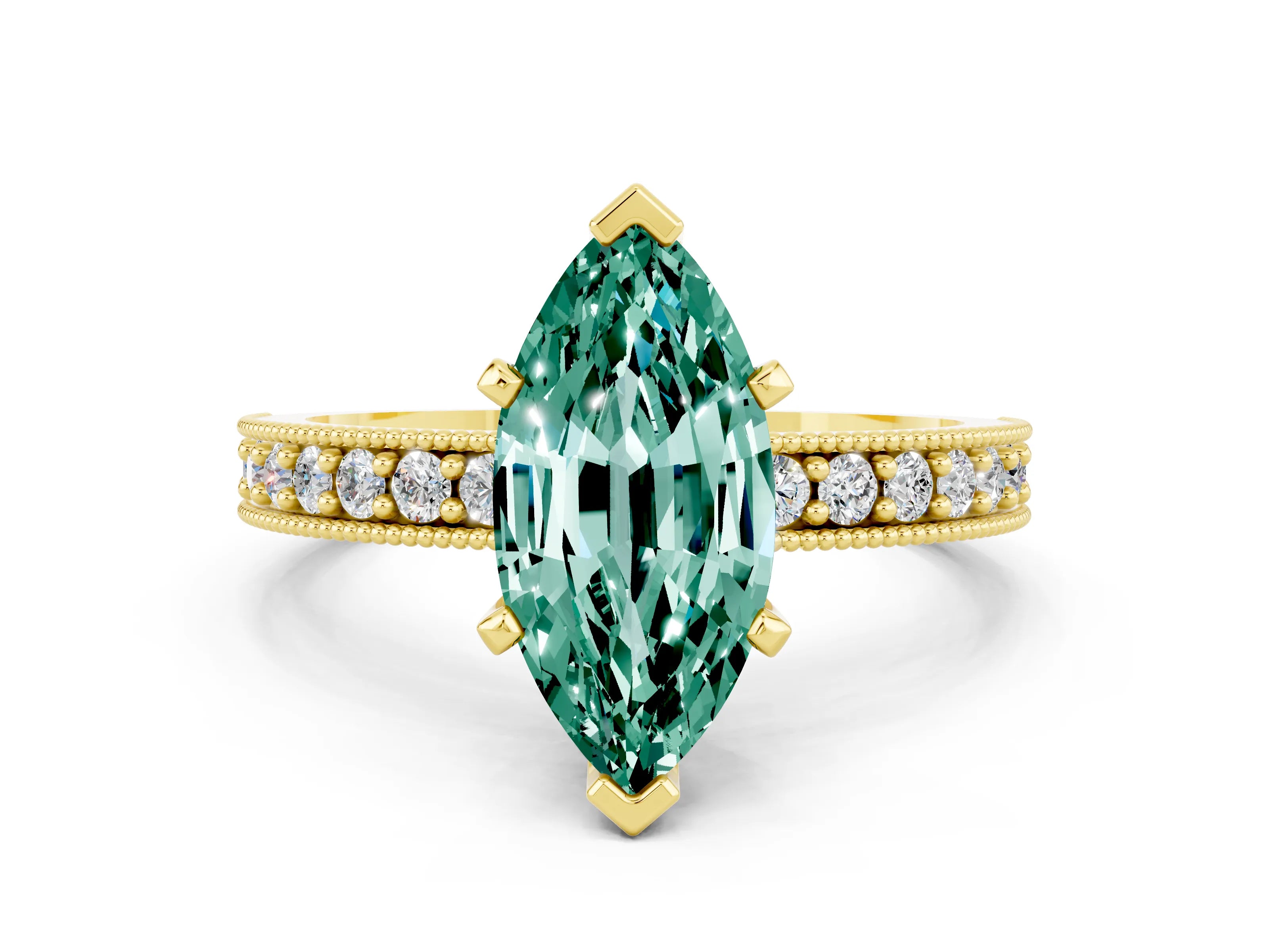 Yellow gold Marquise Cut Green Sapphire Milgrain Pavé Engagement Ring with Four-Prong Setting