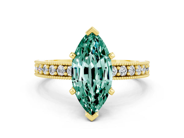 Yellow gold Marquise Cut Green Sapphire Milgrain Pavé Engagement Ring with Four-Prong Setting