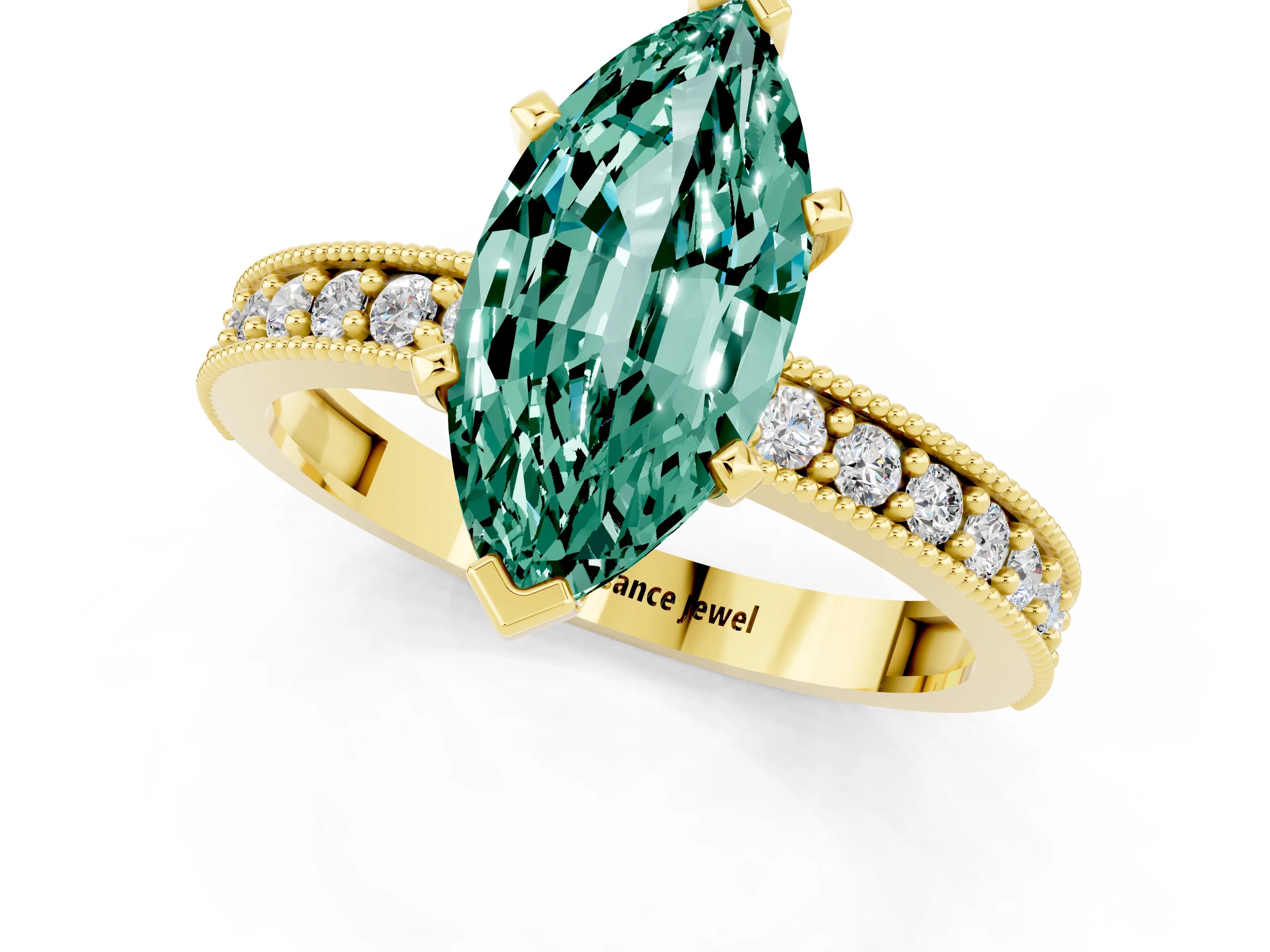 Yellow gold Marquise Cut Green Sapphire Milgrain Pavé Engagement Ring with Four-Prong Setting_1
