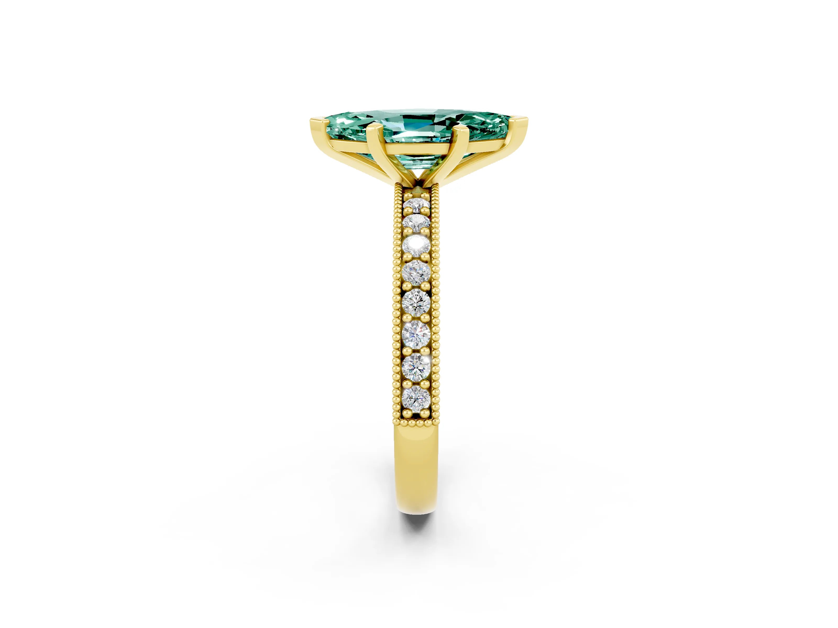 Yellow gold Marquise Cut Green Sapphire Milgrain Pavé Engagement Ring with Four-Prong Setting_2