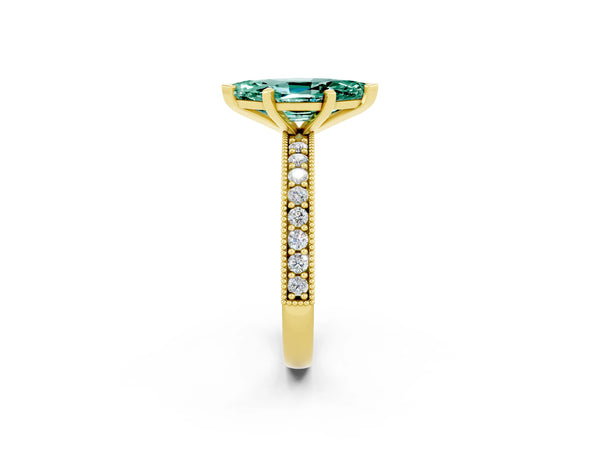 Yellow gold Marquise Cut Green Sapphire Milgrain Pavé Engagement Ring with Four-Prong Setting