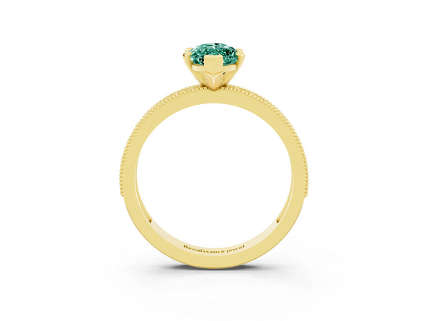 Yellow gold Marquise Cut Green Sapphire Milgrain Pavé Engagement Ring with Four-Prong Setting