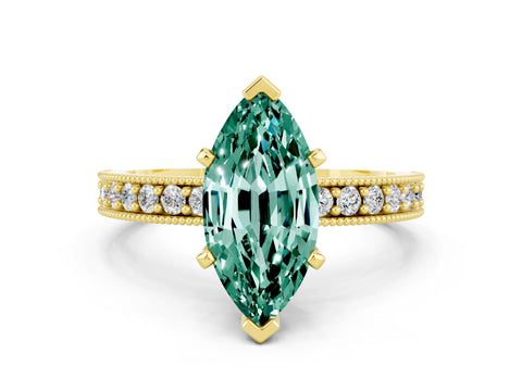 Yellow gold Marquise Cut Green Sapphire Milgrain Pavé Engagement Ring with Four-Prong Setting