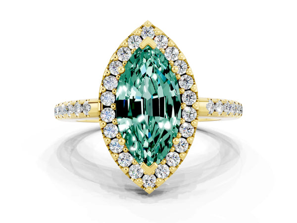 Yellow gold Marquise Cut Green Sapphire Pavé Halo Ring with Four-Prong Setting