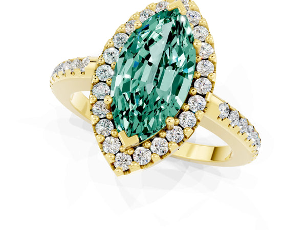 Yellow gold Marquise Cut Green Sapphire Pavé Halo Ring with Four-Prong Setting