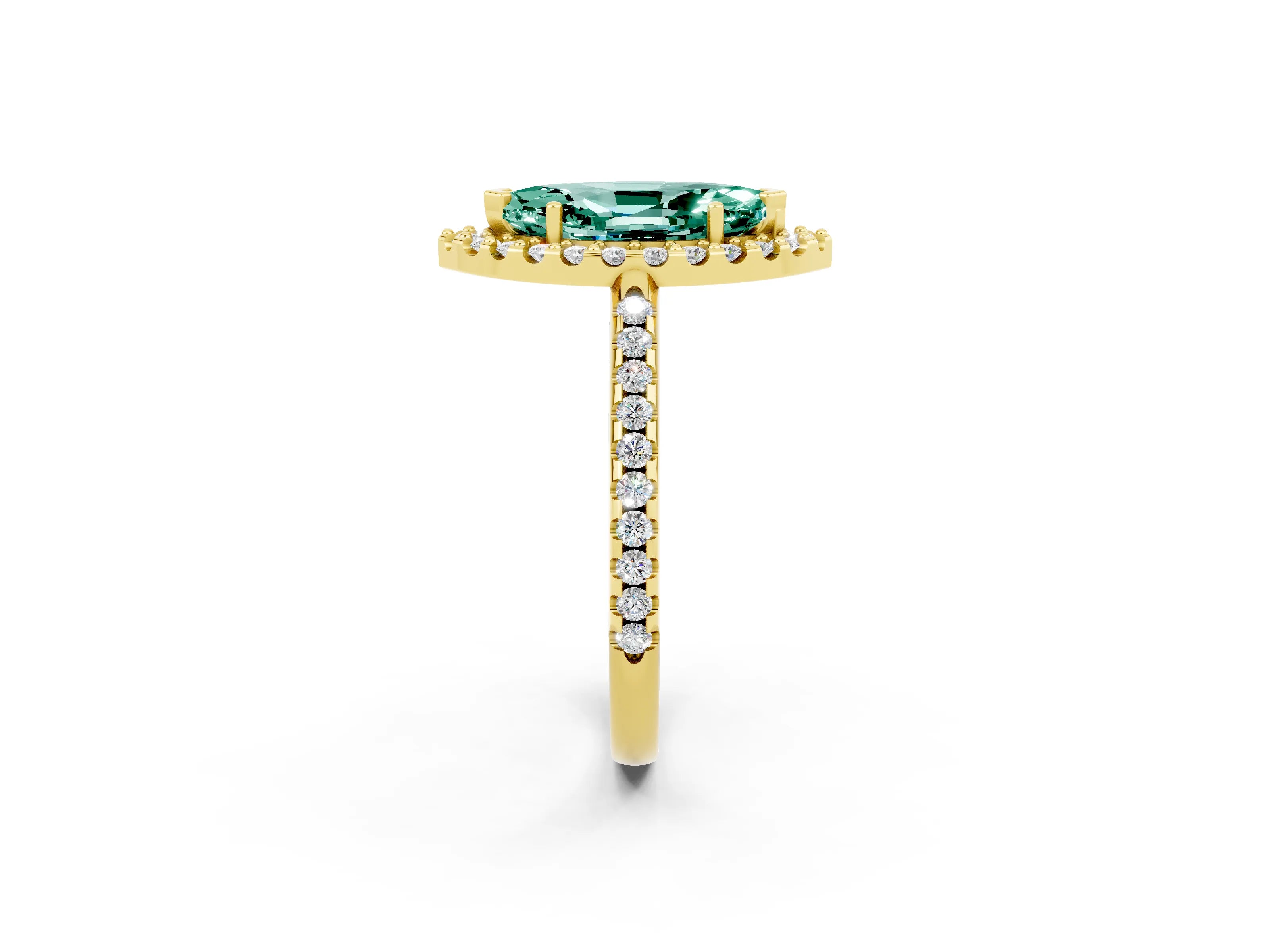 Yellow gold Marquise Cut Green Sapphire Pavé Halo Ring with Four-Prong Setting_14