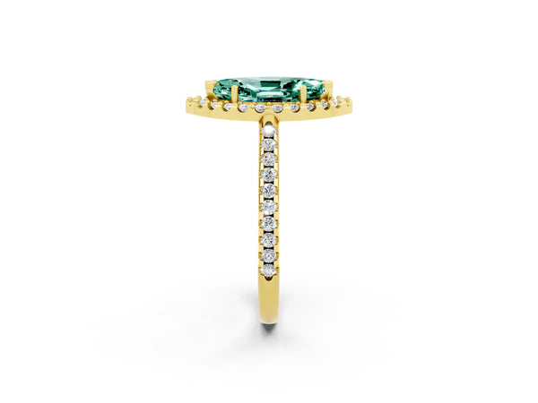 Yellow gold Marquise Cut Green Sapphire Pavé Halo Ring with Four-Prong Setting